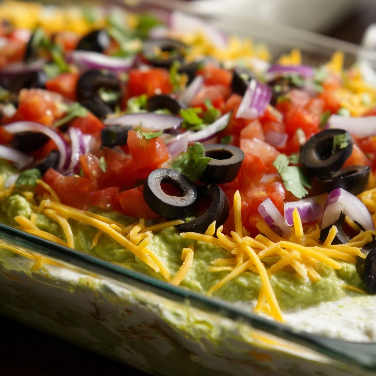 A chilled, party-ready Touchdown Tex Mex Layer Dip with guacamole, sour cream, cheese, and crunchy tortilla chips for dipping.