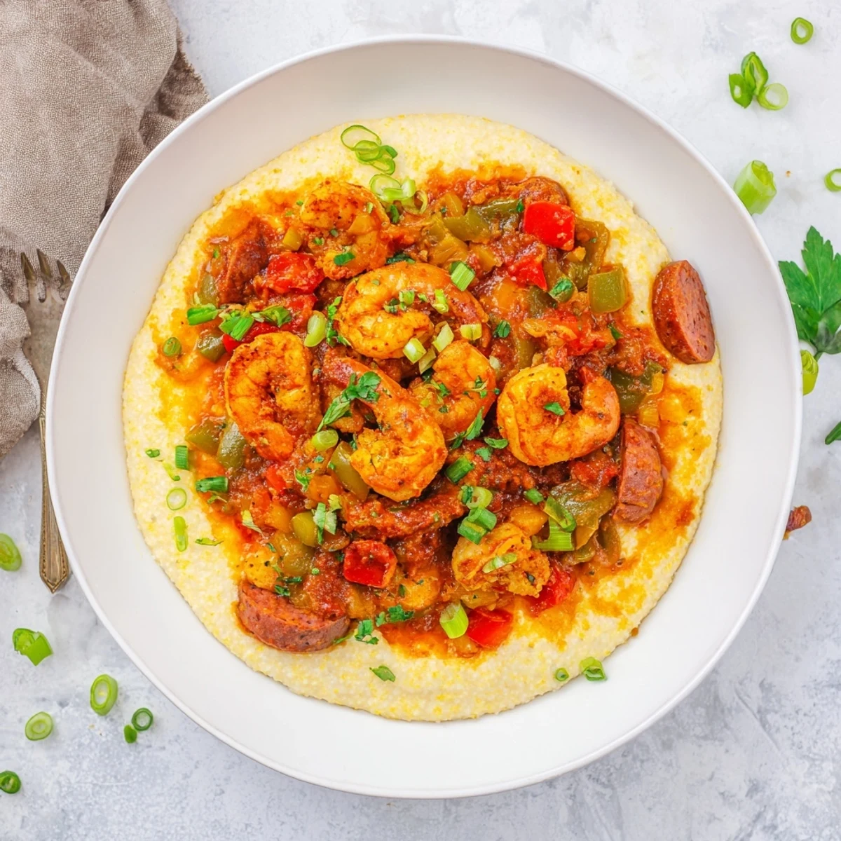 Creamy cheddar grits topped with spicy Creole shrimp, andouille sausage, and a vibrant vegetable gravy in a rustic bowl.
