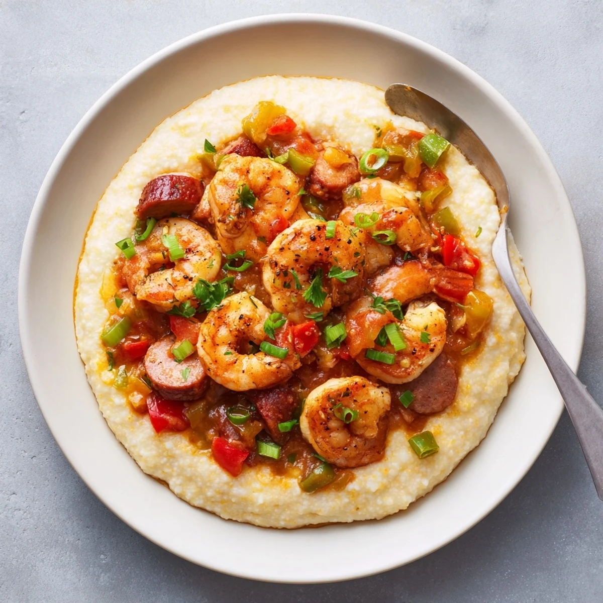 Overhead shot of Creole shrimp and grits, featuring plump shrimp in a rich tomato-based sauce over cheesy Southern grits.