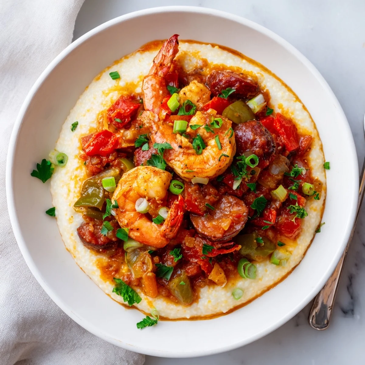 Southern Creole shrimp and grits served hot, garnished with fresh green onions and parsley for a colorful, appetizing presentation.