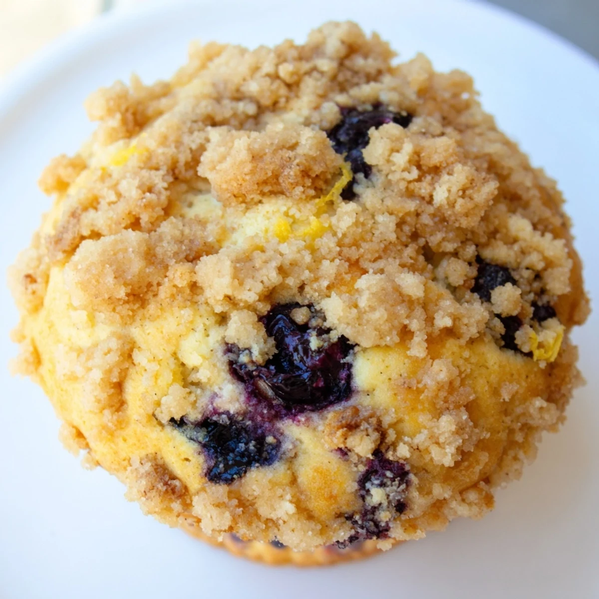 Golden-brown Lemon Blueberry Muffin Tops sit on a wire rack, showcasing crumbly streusel and bursts of juicy blueberries.