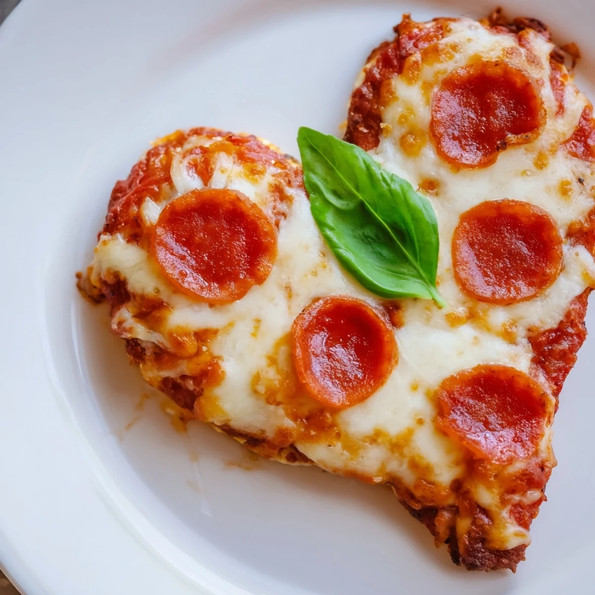 A freshly baked Heart Shaped Pepperoni Pizza is topped with vibrant fresh basil leaves, ready to be served with a simple green salad.  
