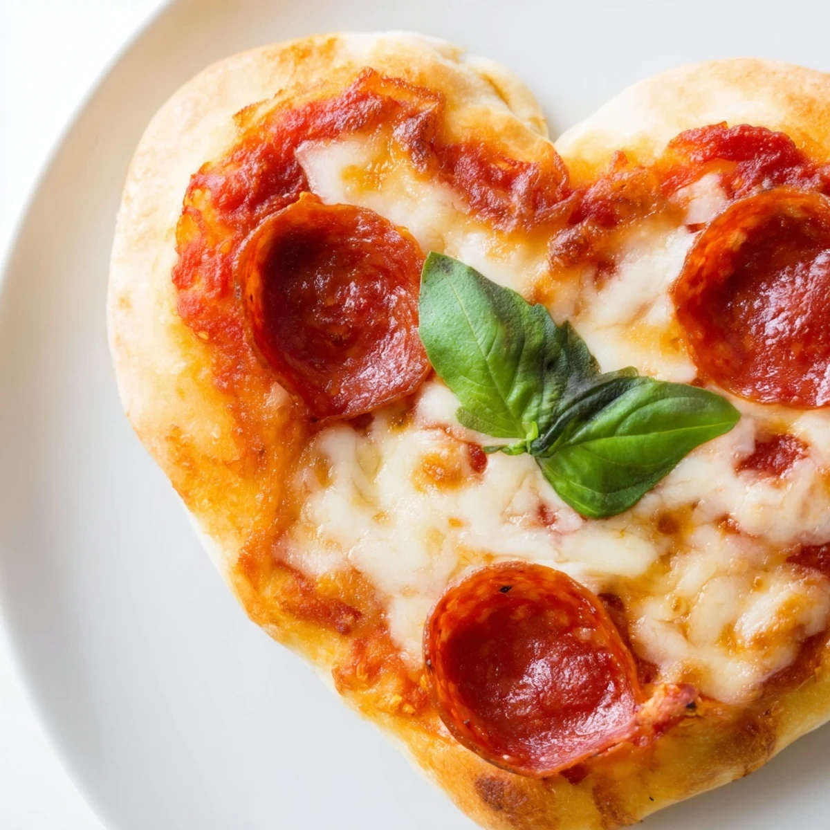 Golden-brown Heart Shaped Pepperoni Pizza emerges from the oven with melted mozzarella and halal pepperoni slices arranged beautifully on a crisp crust.  