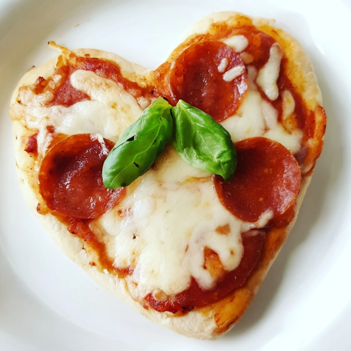 Close-up view of a Heart Shaped Pepperoni Pizza featuring zesty tomato sauce, gooey cheese, and aromatic seasonings on a rustic baking sheet.