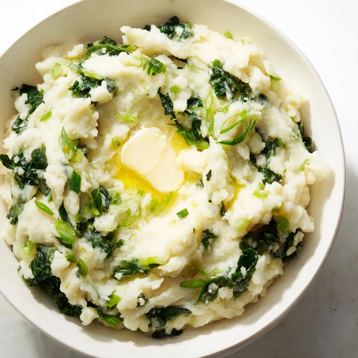 Warm Irish Colcannon side dish featuring fluffy mashed potatoes mixed with vibrant kale and fresh scallions.