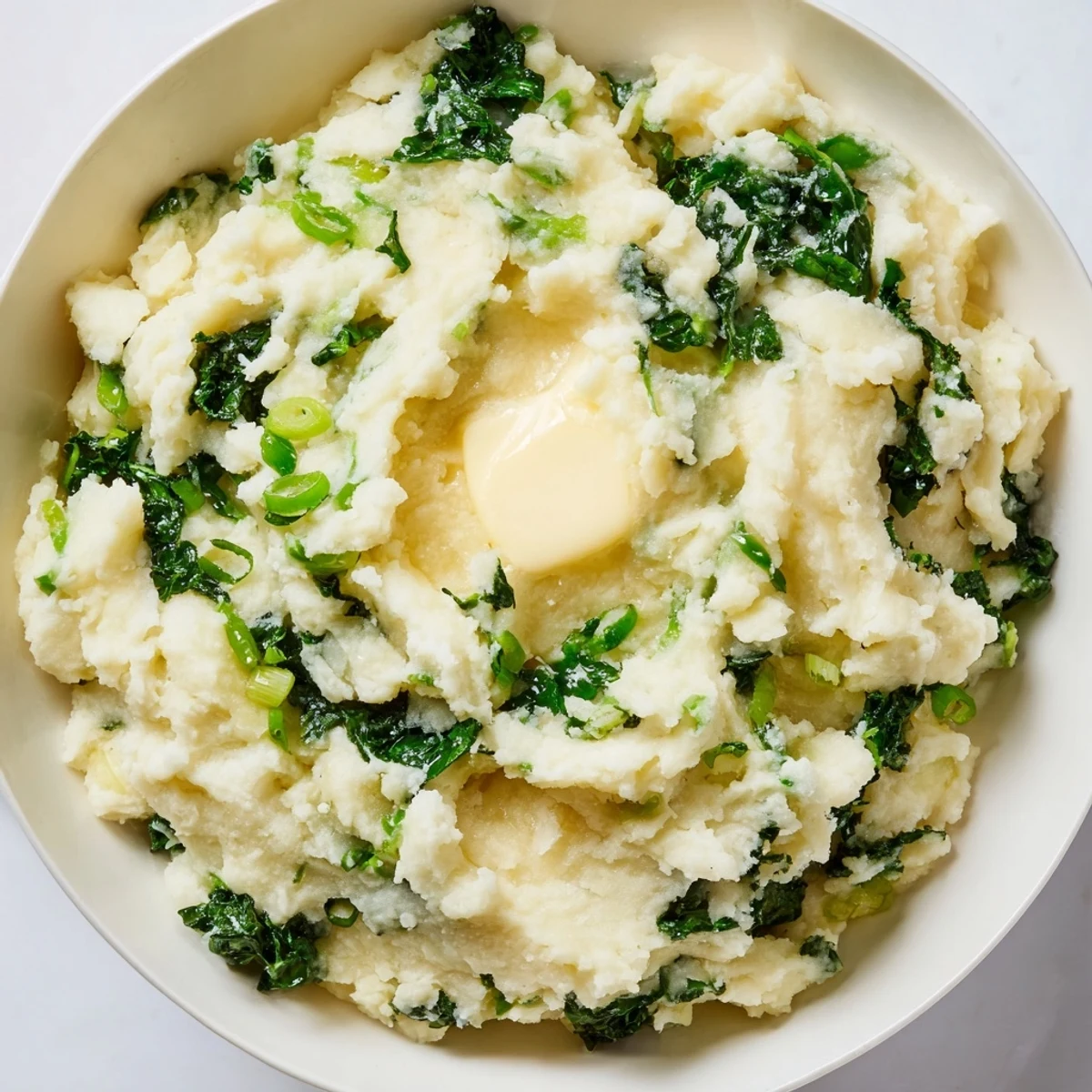 Hearty Irish Colcannon recipe with buttery mashed potatoes, sautéed kale, and a garnish of green onions.