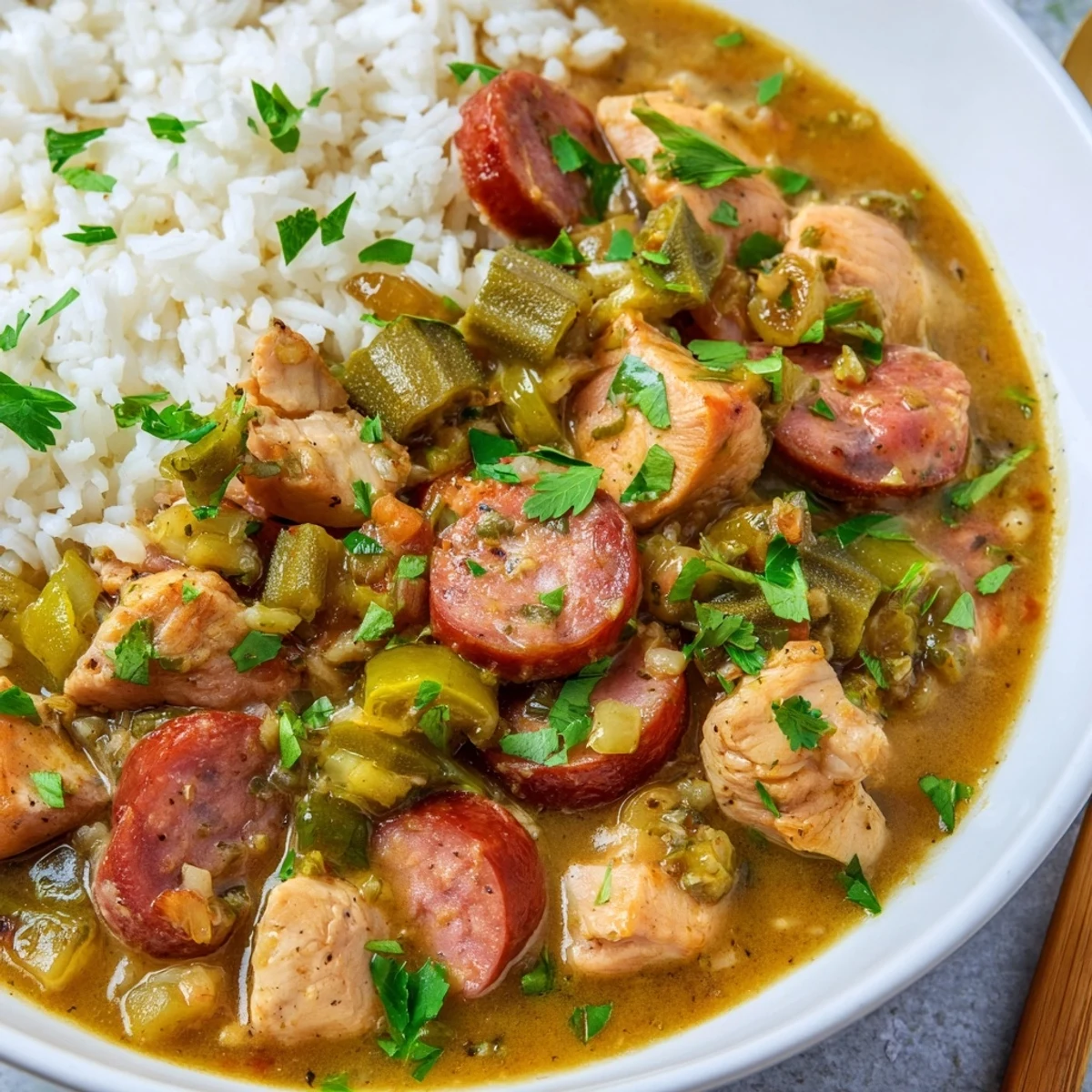 Steaming bowl of Mardi Gras Chicken Gumbo with tender okra and sausage, served over white rice.