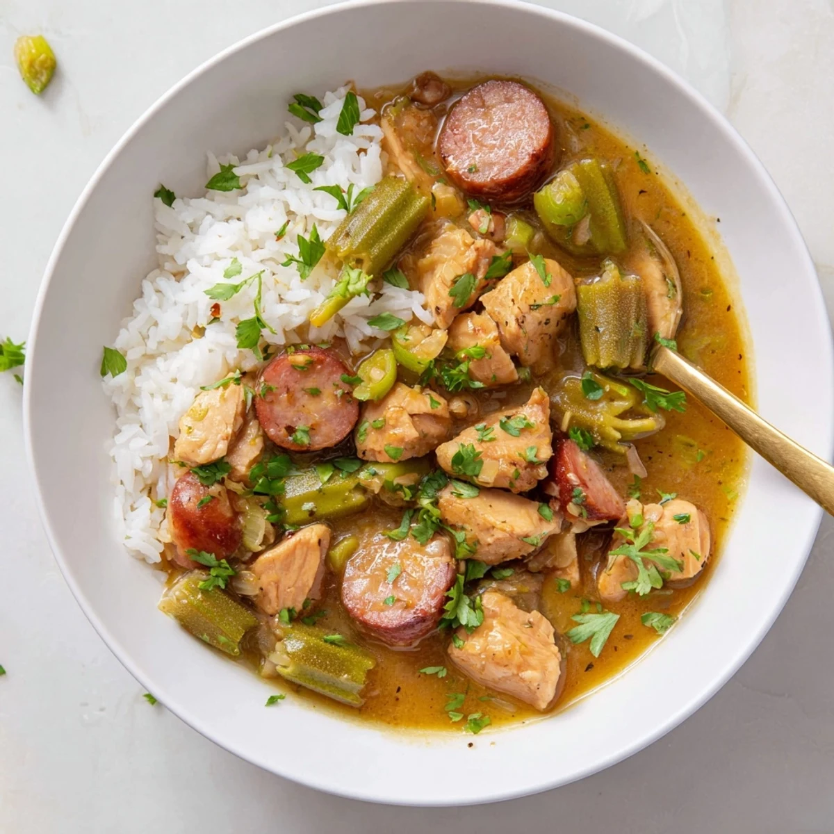 A hearty pot of Mardi Gras Chicken Gumbo, featuring rich, brown broth with chicken and smoked sausage.