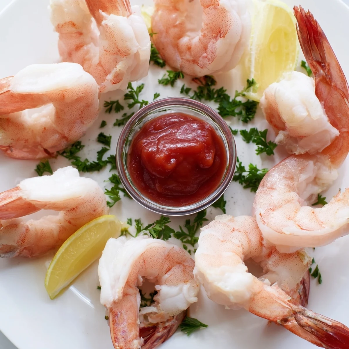 Plump, peeled shrimp with lemon wedges and a small ramekin of vibrant Romantic Shrimp Cocktail sauce, served on ice.