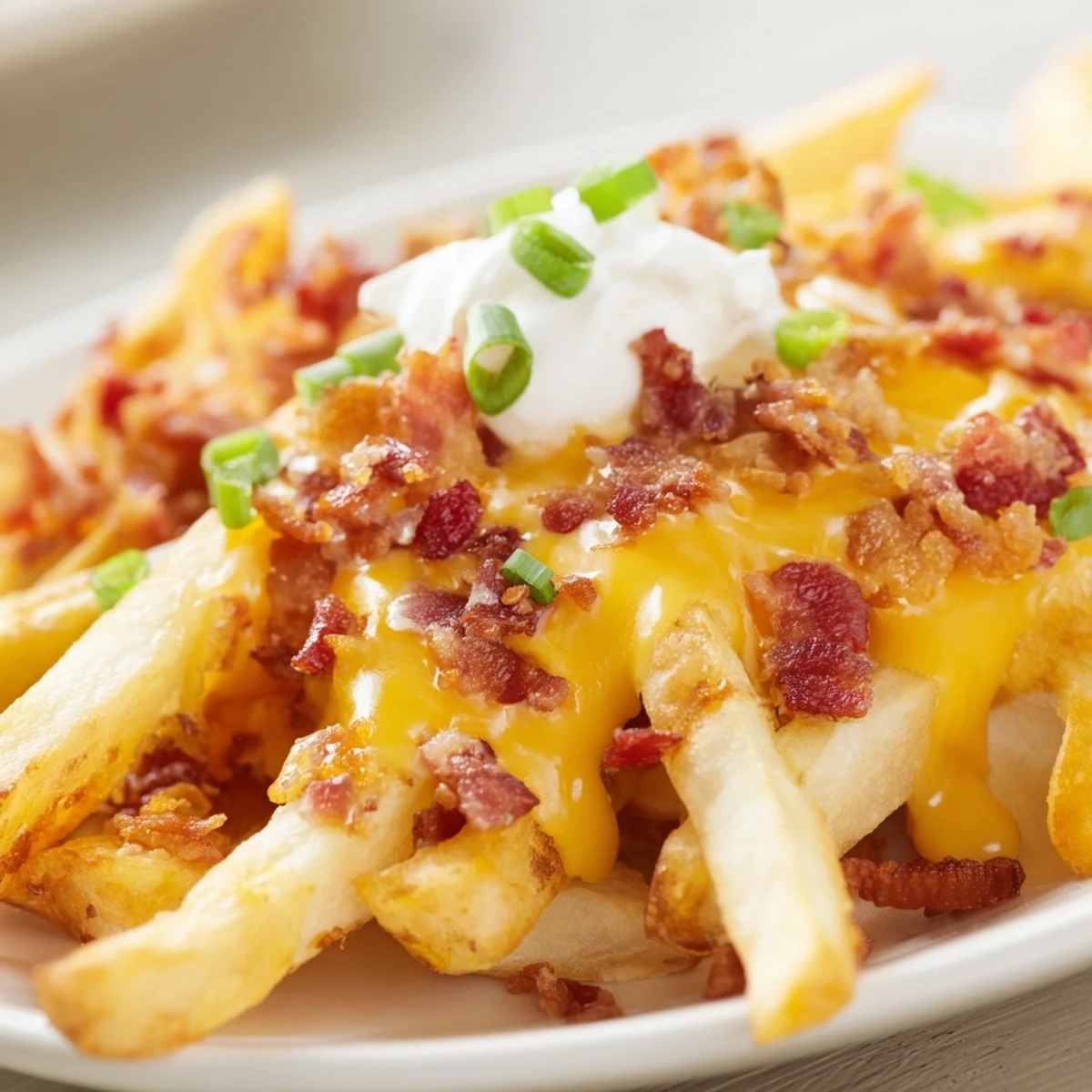 Freshly baked golden fries are generously topped with melted cheddar, crumbled bacon, and a cool dollop of sour cream for a savory snack.