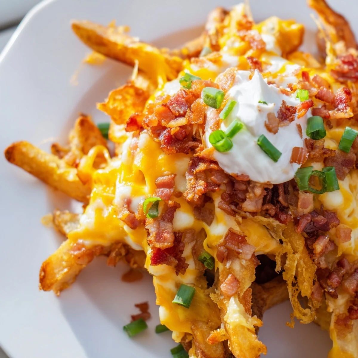 Game Day Loaded Fries are served hot and cheesy, garnished with crisp green onions and optional jalapeños for a spicy kick.