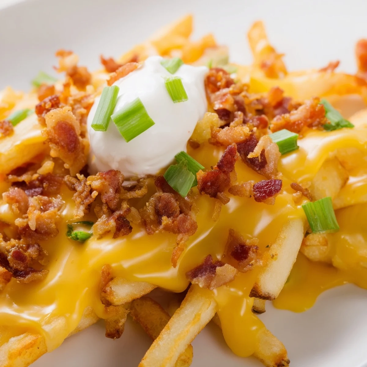 An appealing platter of crispy Game Day Loaded Fries, finished with sour cream, chopped tomatoes, and colorful toppings, perfect for a crowd.