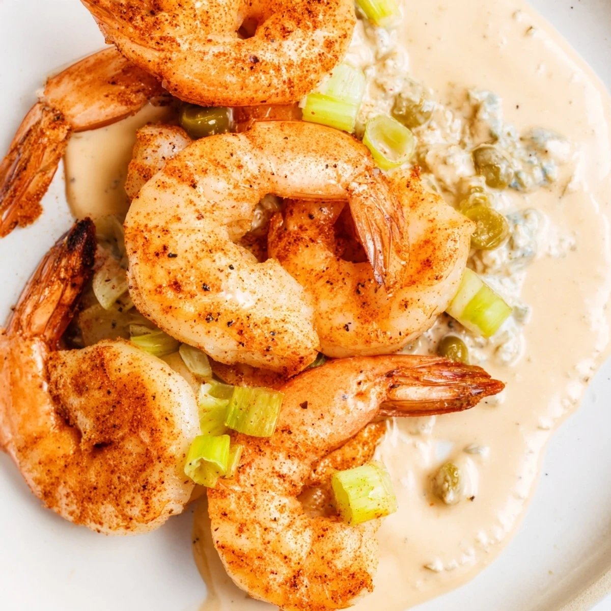 Creamy Cajun Remoulade Sauce with Shrimp piled high, garnished with fresh scallions and lemon wedges on a rustic platter.