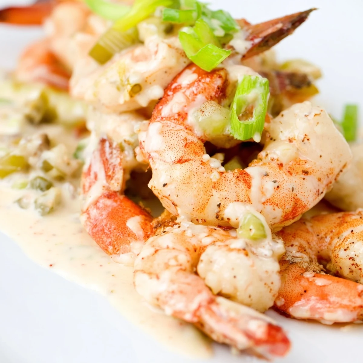 Sautéed shrimp glazed in Cajun spices, paired with a tangy remoulade sauce in a white bowl, perfect for dipping.