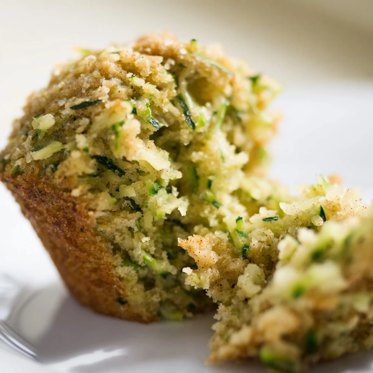 Freshly baked Green Zucchini Muffins sit on a wire rack, their moist interiors speckled with cinnamon and optional chopped walnuts for texture.  