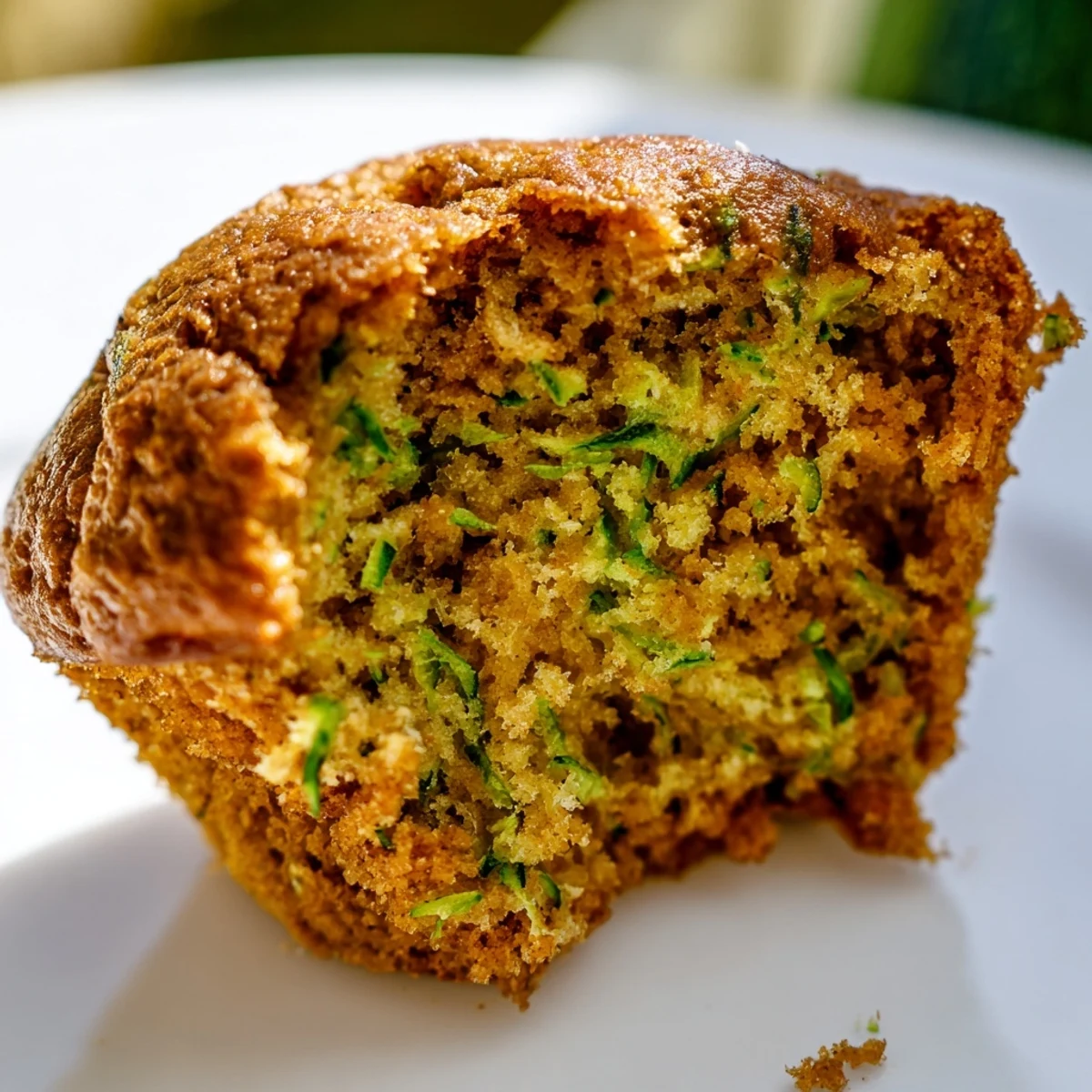 Warmly baked Green Zucchini Muffins emerge from the oven with golden-brown tops, showcasing tender crumb flecked with vibrant green zucchini shreds.  