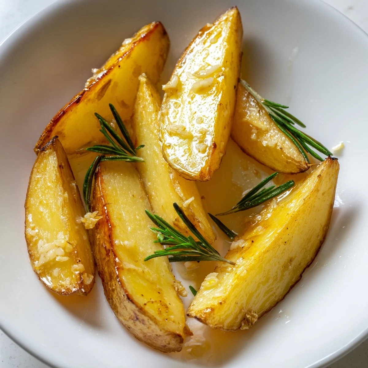 Fork-tender Lemon Potatoes with Fresh Rosemary, garnished with fresh rosemary sprigs and lemon wedges.