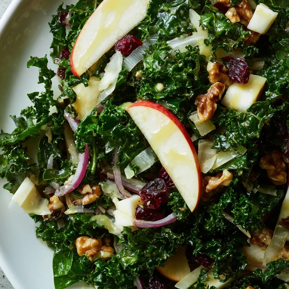 Freshly massaged kale topped with crisp apple slices, sharp cheddar cubes, and toasted walnuts in a vibrant winter kale salad with apple and cheddar.