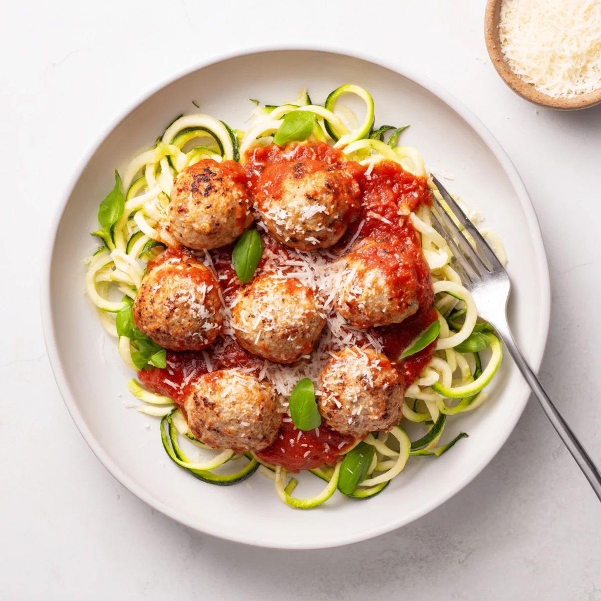 Golden-brown turkey meatballs nestled on bright green zucchini noodles, drizzled with rich marinara and garnished with fresh basil leaves.  