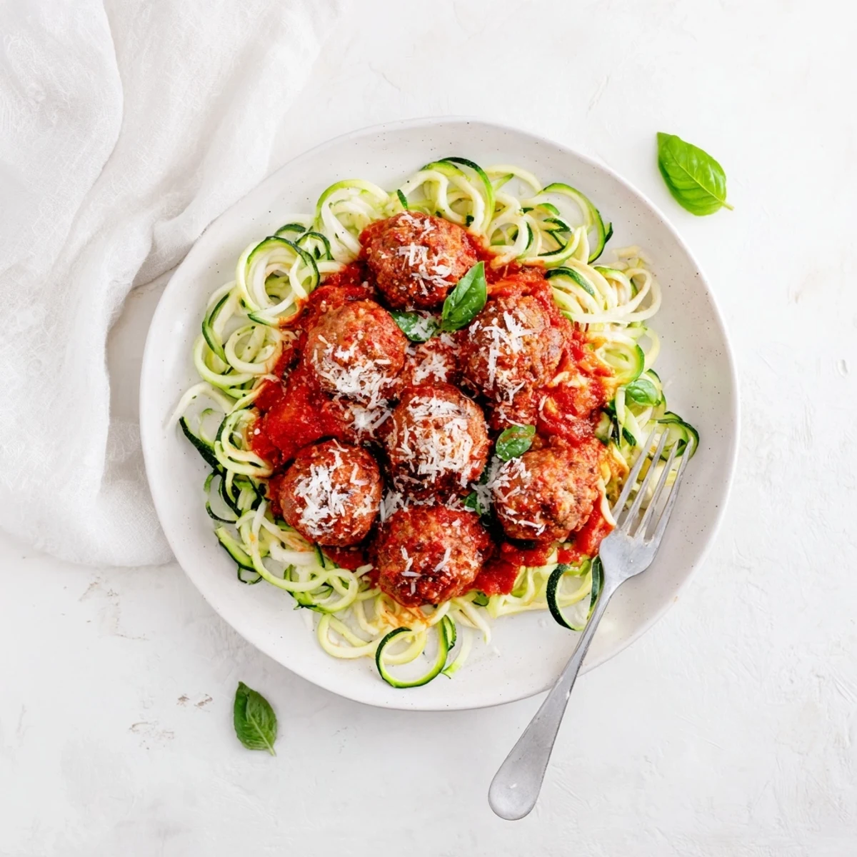 Close-up of tender turkey meatballs beside spiralized zucchini noodles, with a sprinkle of Parmesan and a side of warm marinara.  