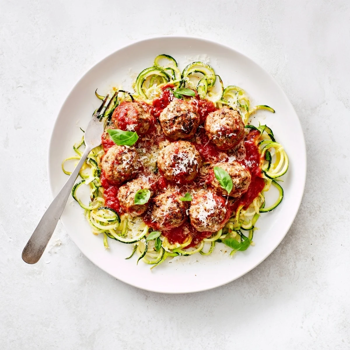 A hearty plate of gluten-free turkey meatballs with zucchini noodles, served with extra sauce and a dash of fresh herbs.