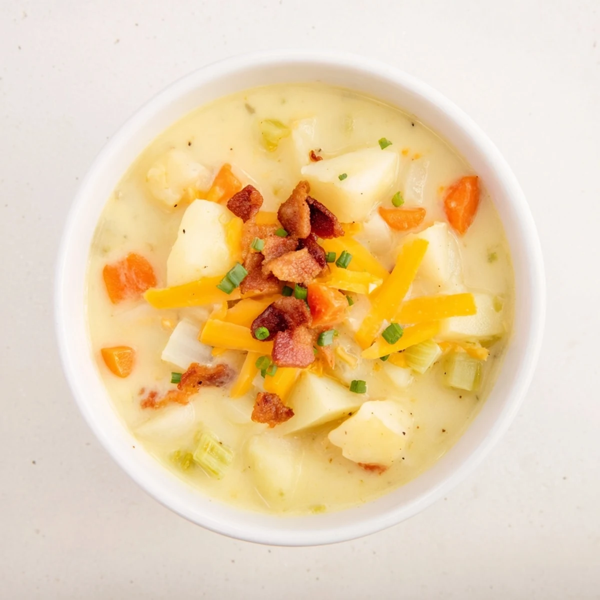 Creamy Potato Soup with Cheese and Halal Turkey Bacon steaming in a rustic bowl, garnished with crisp bacon bits, fresh chives, and extra shredded cheese for a cozy, comforting meal.  