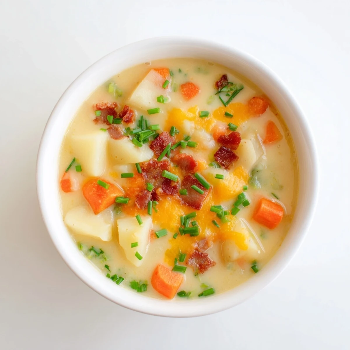 A hearty bowl of Creamy Potato Soup with Cheese and Halal Turkey Bacon features tender potato chunks, melted cheddar, and smoky bacon crumbles, perfect for serving with crusty bread.  