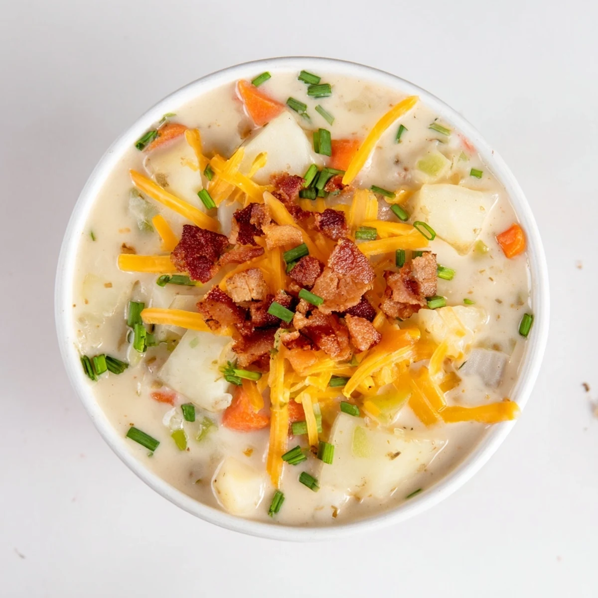 This Creamy Potato Soup with Cheese and Halal Turkey Bacon showcases a velvety, blended texture dotted with vegetables, topped generously with crispy halal turkey bacon and fresh herbs.