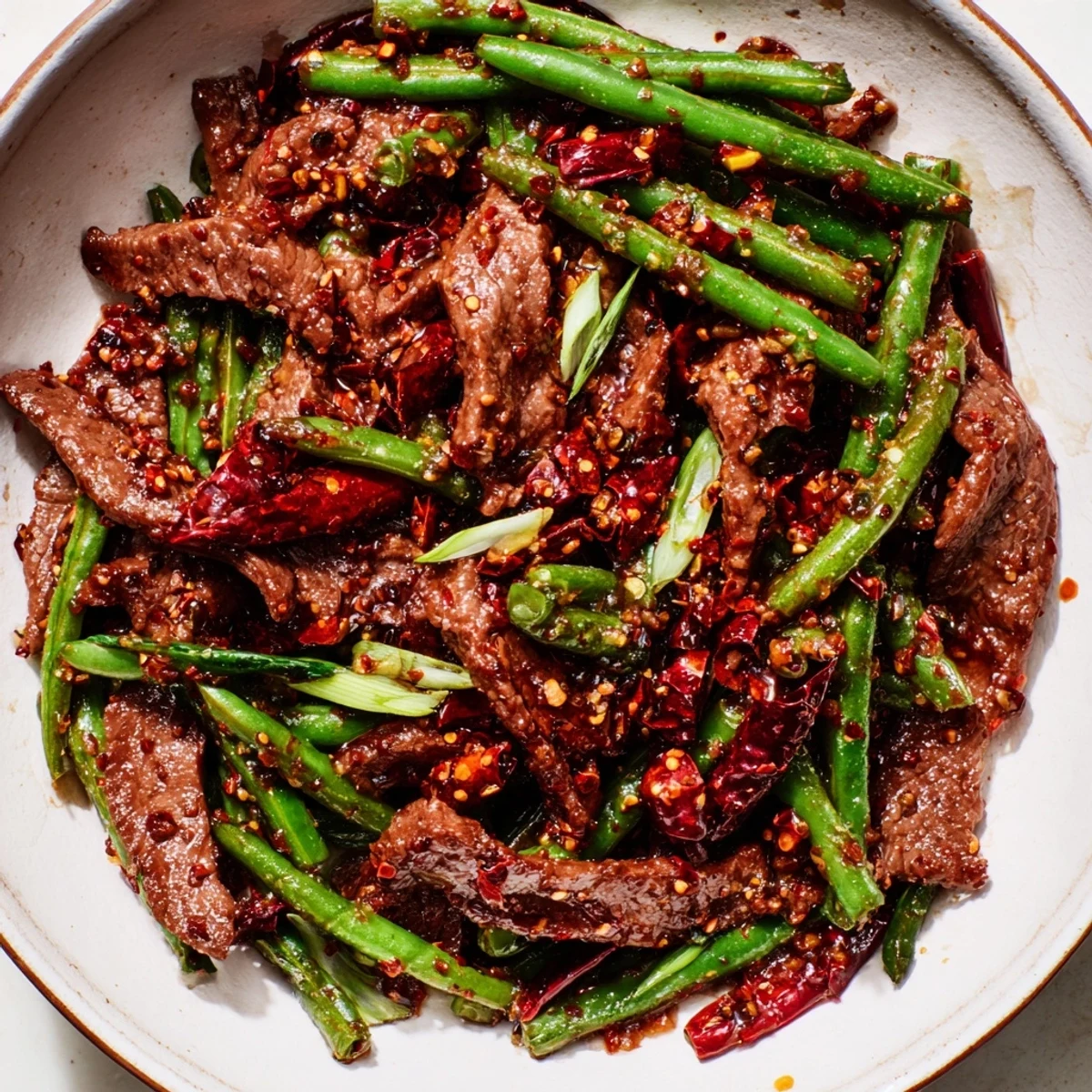 Sizzling Spicy Szechuan Green Beans with Beef served over steamed rice, garnished with fresh scallions for a colorful, weeknight dinner.  