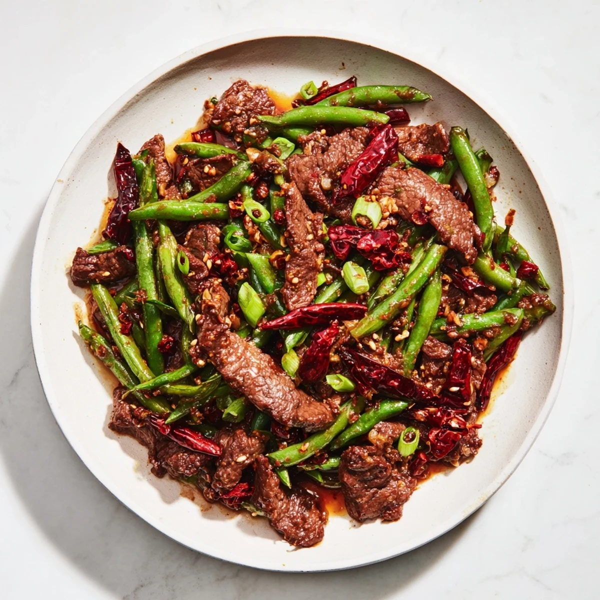 Vibrant stir-fried Spicy Szechuan Green Beans with Beef, featuring blistered beans and tender beef in a bold, aromatic sauce.  