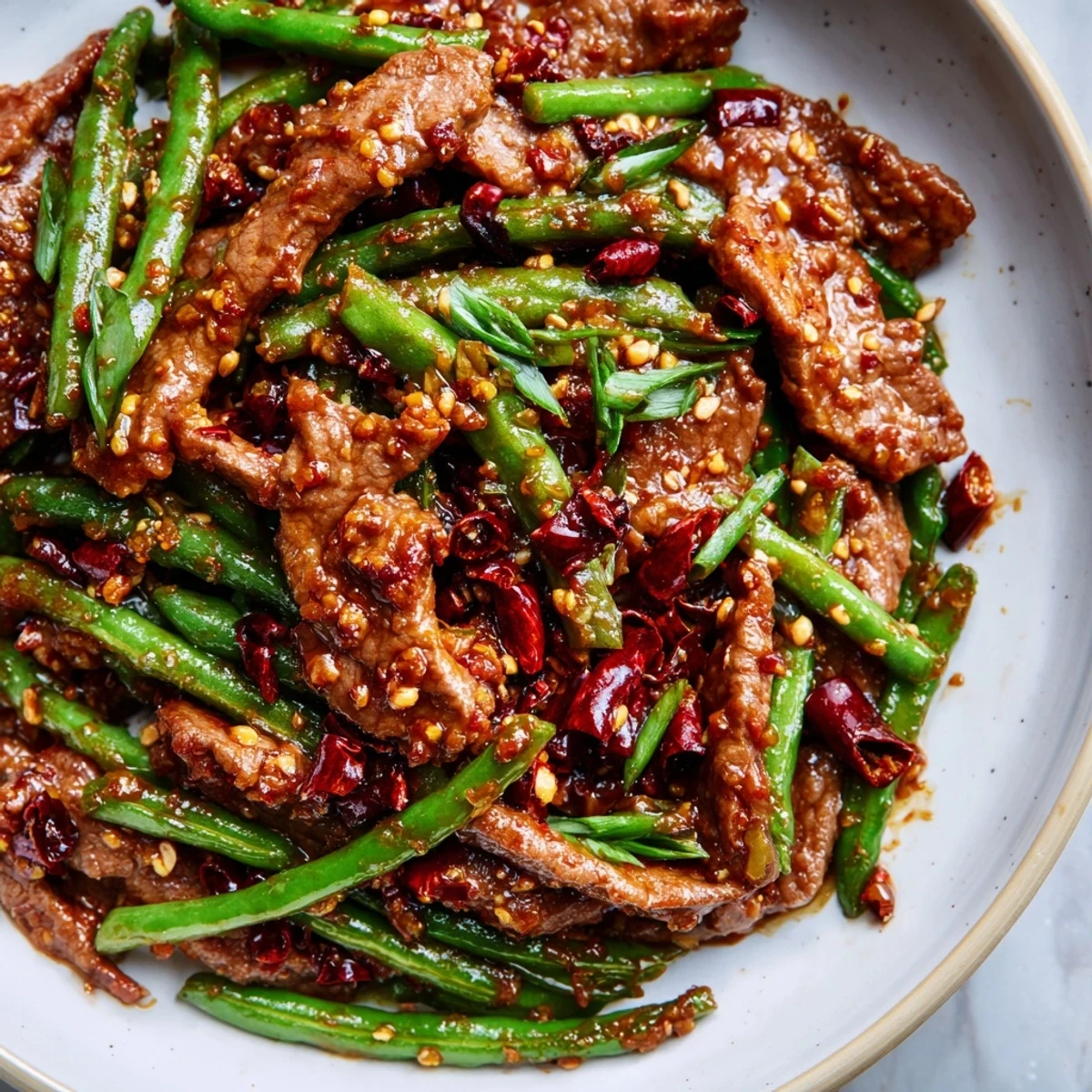 Tender beef and crisp green beans tossed in a spicy Szechuan sauce, perfect for lovers of bold Asian flavors.