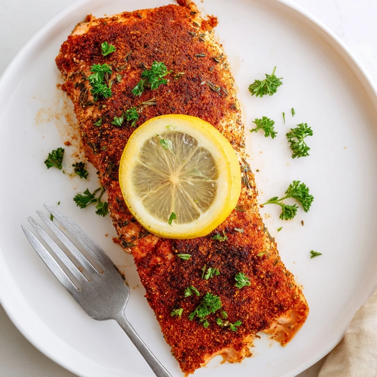 Flaky, perfectly baked salmon with Cajun seasoning, garnished with lemon and fresh parsley, ready to eat.