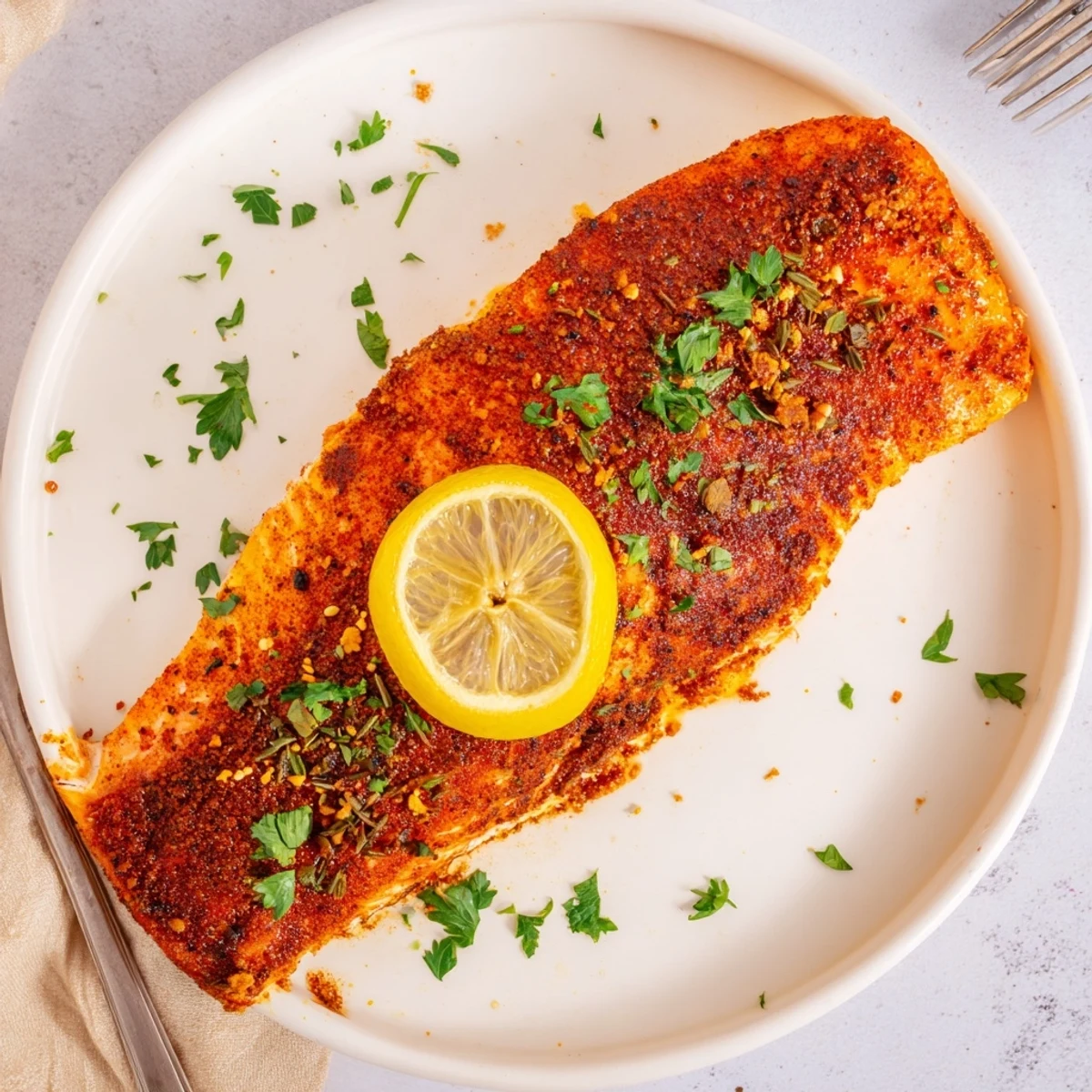 Close-up of a tender Baked Salmon with Cajun Seasoning, seasoned perfectly, ready for a delicious dinner.
