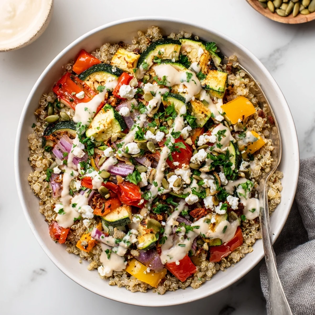 Golden, tender roasted vegetables atop fluffy quinoa in a vibrant Roasted Vegetable Quinoa Bowl.