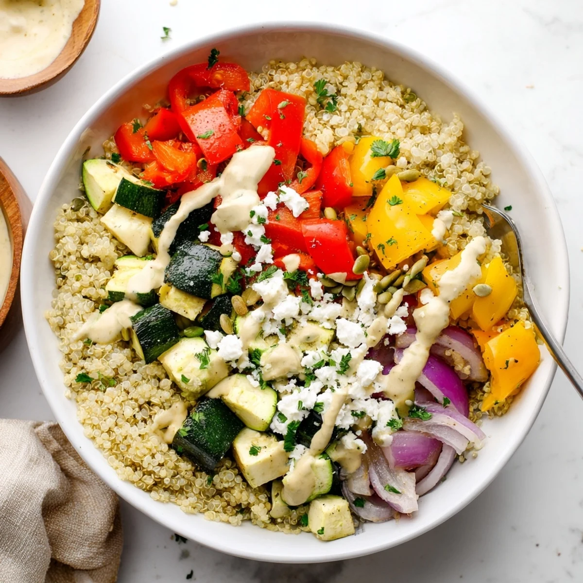 Savory Roasted Vegetable Quinoa Bowl: a medley of colorful roasted veggies over perfectly cooked quinoa.