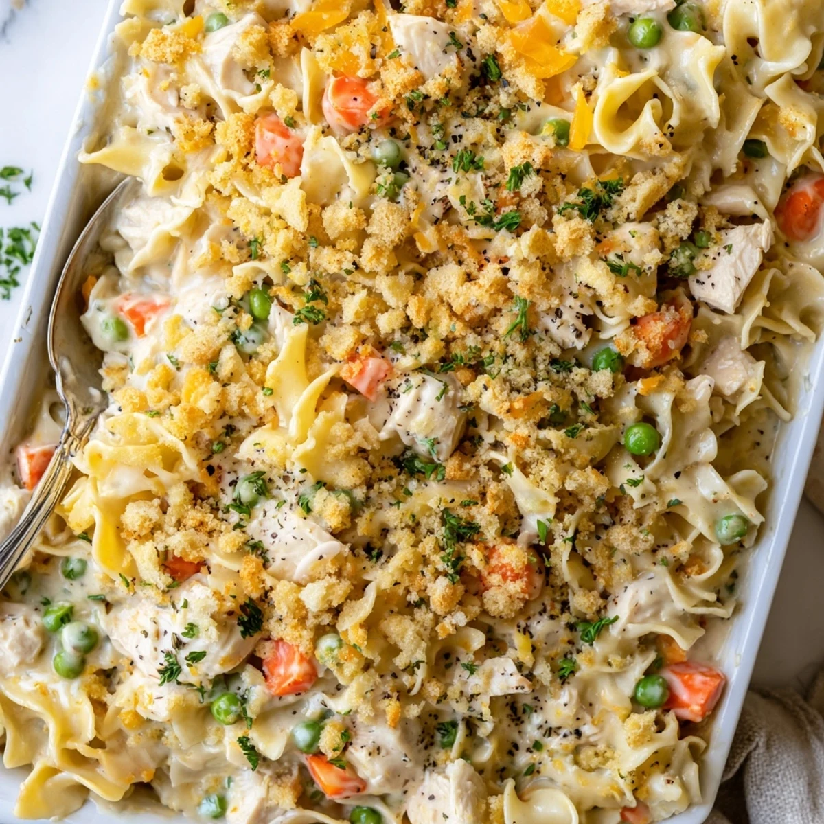 Steaming from the oven, this golden-topped Chicken Noodle Casserole with Crumble reveals creamy egg noodles and tender vegetables.  