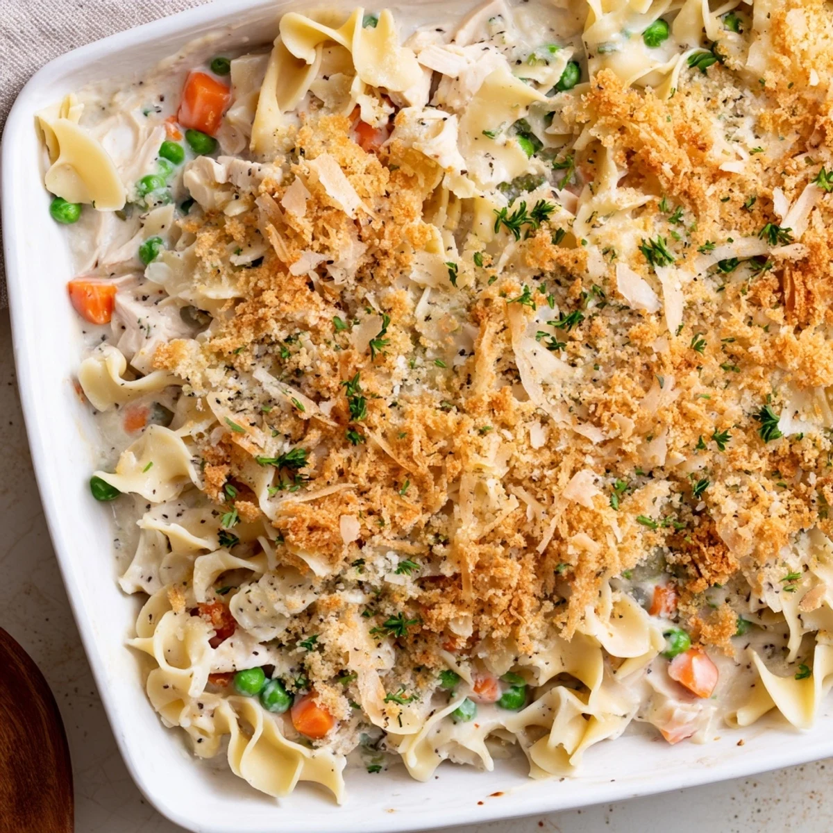 A family-style Chicken Noodle Casserole with Crumble bake, featuring a crunchy panko-parmesan topping and savory chicken nestled in noodles.  