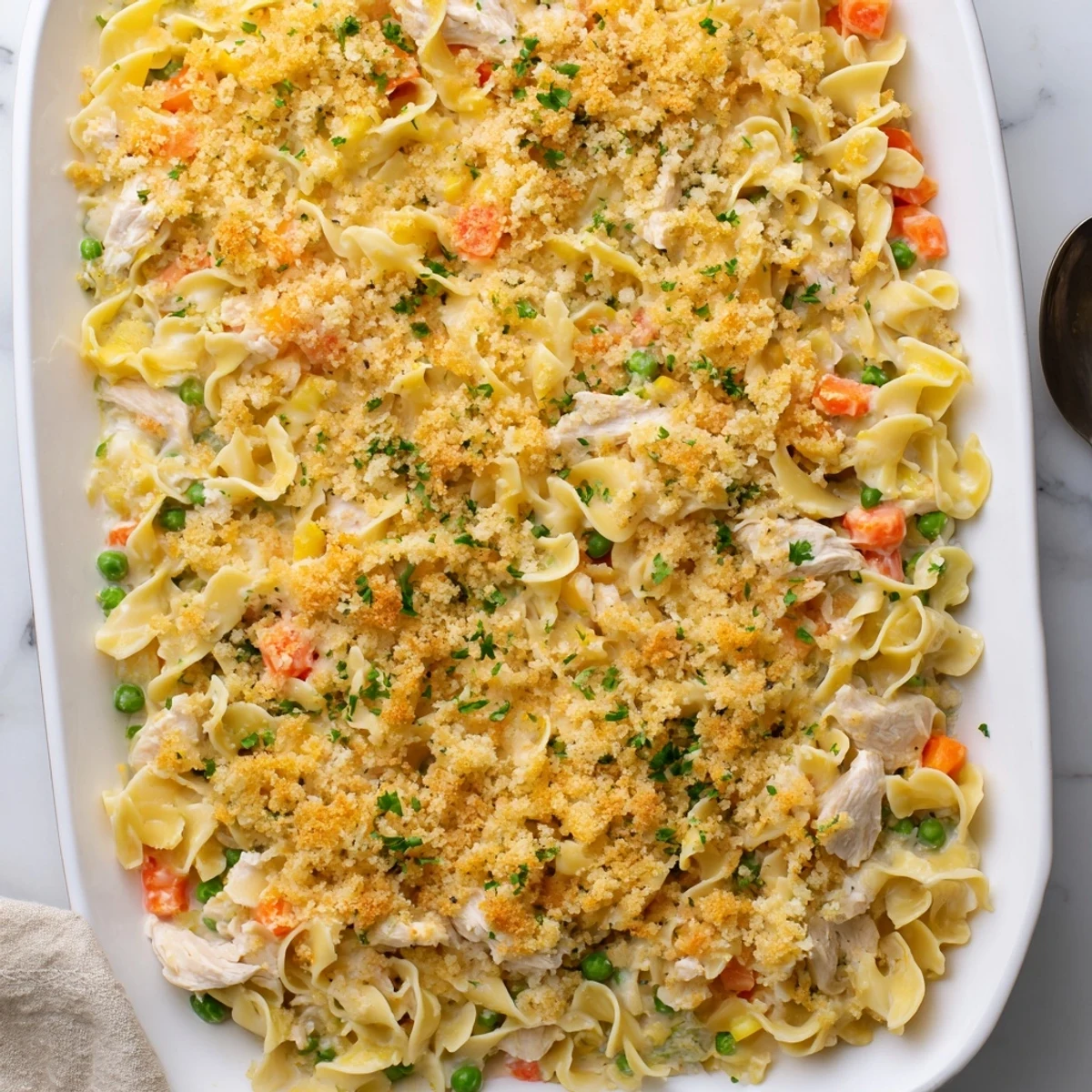 Comforting Chicken Noodle Casserole with Crumble served in a dish, with peas and carrots peeking from beneath a buttery crumble.