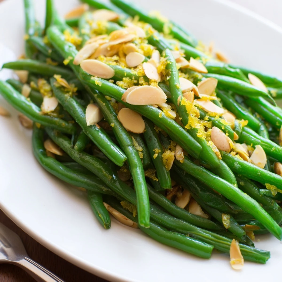 Bright green beans tossed with fragrant garlic, zesty lemon, and toasted almonds in a skillet for a vibrant side dish.