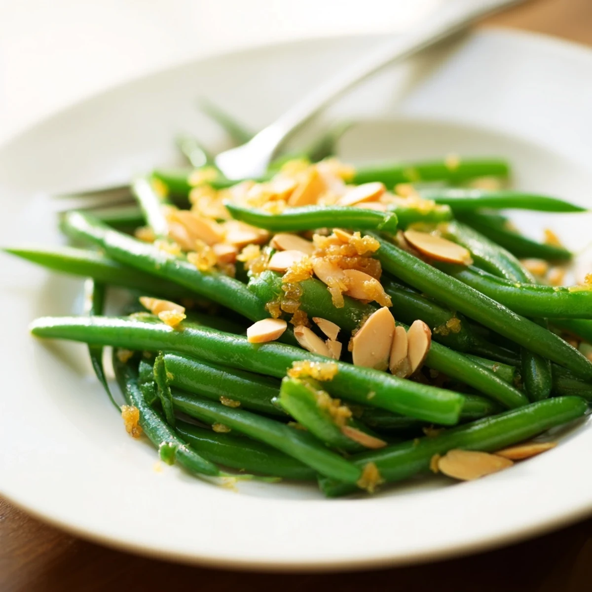 A close-up of Lemon Garlic Green Beans with Almonds, glistening with olive oil and fresh lemon zest, ready to serve.