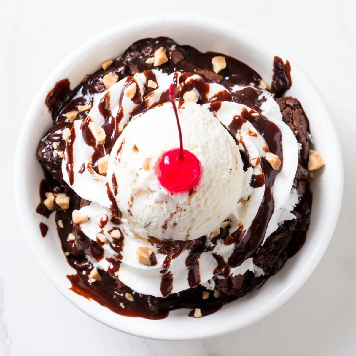 A warm Chocolate Brownie Sundae with hot fudge drizzled over vanilla ice cream, topped with toasted nuts and a cherry.  