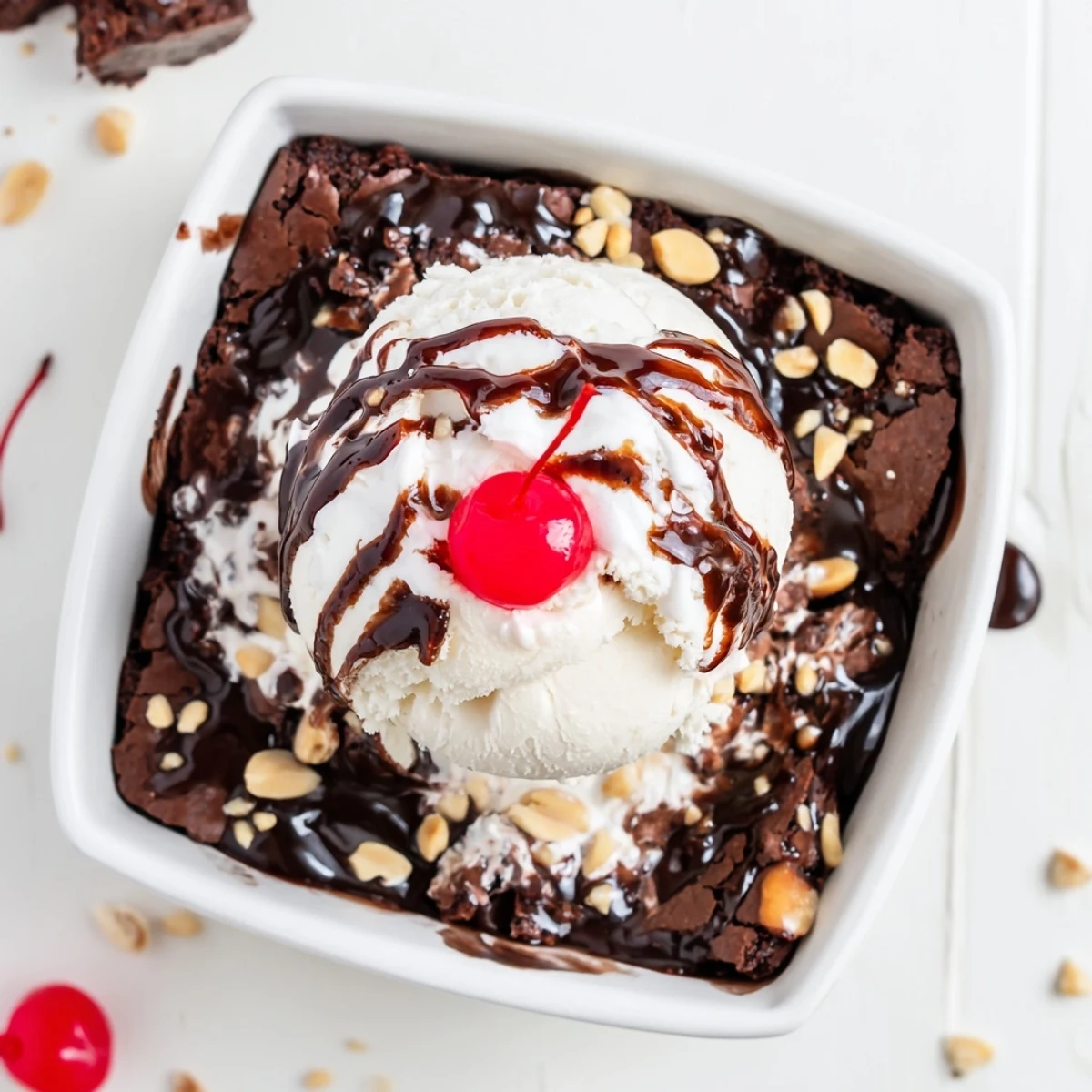 Decadent chocolate brownie squares layered with creamy vanilla ice cream and glossy hot fudge, ready to serve.  