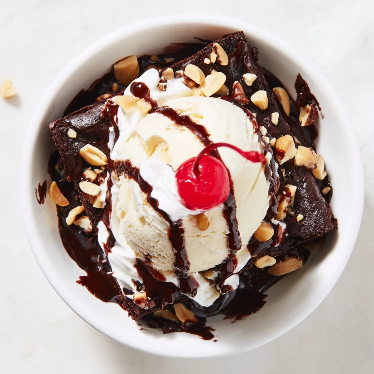 A close look at a rich Chocolate Brownie Sundae with velvety hot fudge and whipped cream topping.