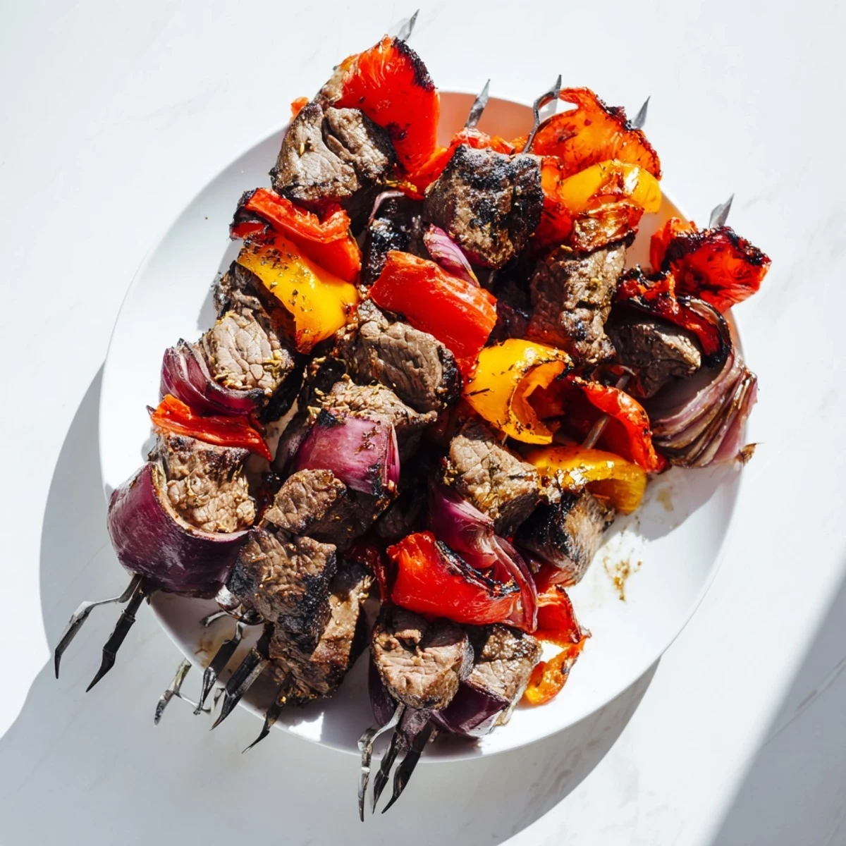 Skewers of marinated Beef Kebabs with Peppers and Onions fresh off a smoky backyard grill, charred and sizzling.