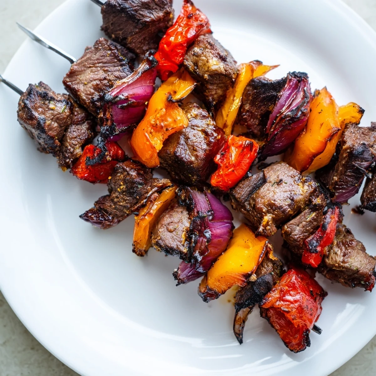 Colorful Beef Kebabs with Peppers and Onions stacked on a wooden board, featuring red onions and vibrant bell peppers.