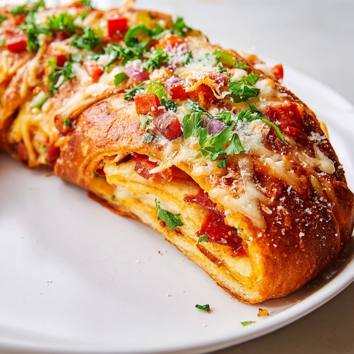 Freshly baked Super Bowl Pizza Rolls piled high, revealing colorful bell peppers and red onion inside each bite-sized roll.  