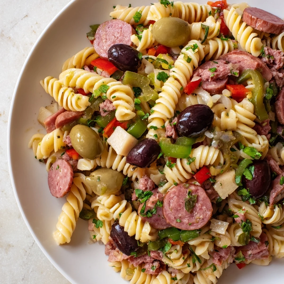 Rotini pasta salad with halal turkey, salami, and provolone, mixed with olive salad and pickled vegetables in a zesty dressing.