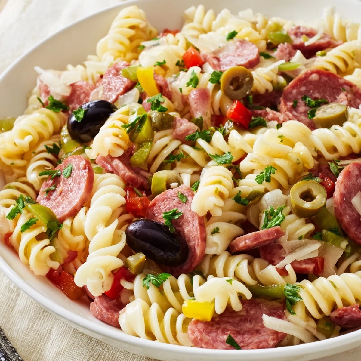 A refreshing bowl of Muffuletta Pasta Salad, tossed with Italian dressing, halal meats, and veggies, perfect for picnics or potlucks.