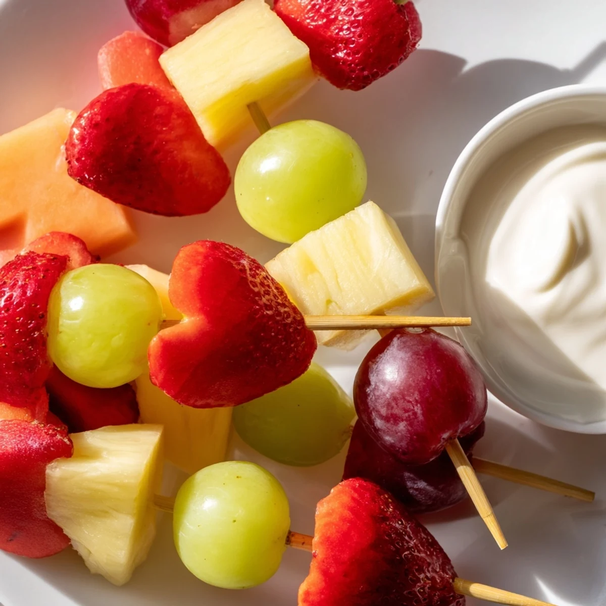 Vibrant Sweetheart Fruit Kabobs with Yogurt dip feature heart-shaped melon, strawberries, and grapes on a platter, perfect for parties.