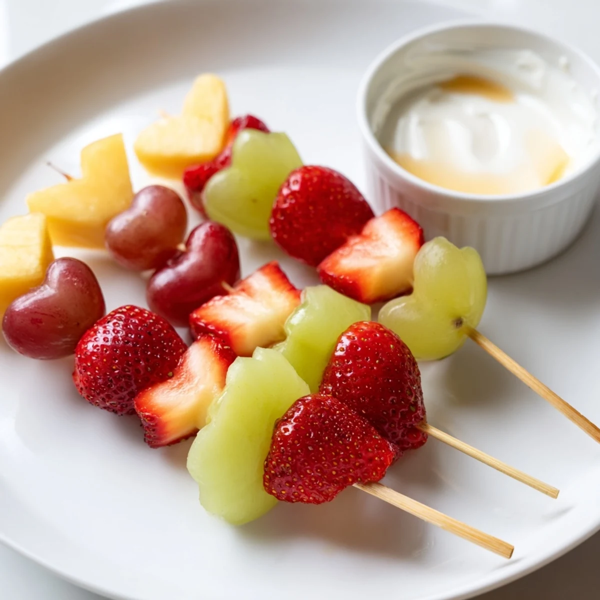Freshly prepared Sweetheart Fruit Kabobs with Yogurt dip show colorful pineapple and blueberry skewers chilled for a refreshing snack.